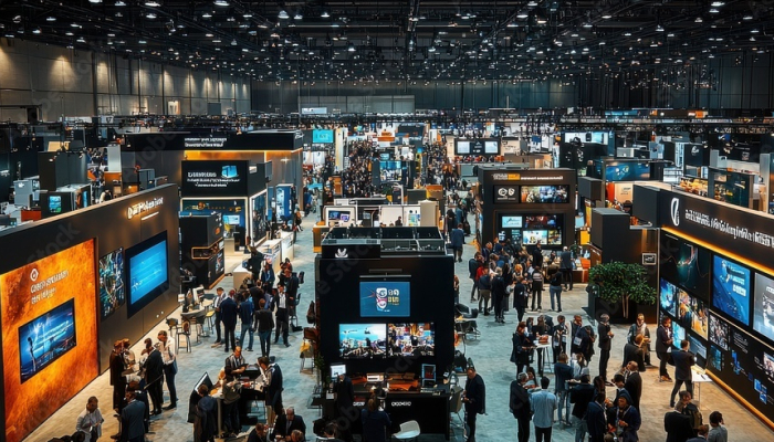 Active trade show floor at a large convention center