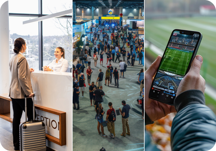 Collage of woman at hotel checkin desk, attendees at a large convention center, and a fan looking at their phone at a sports stadium