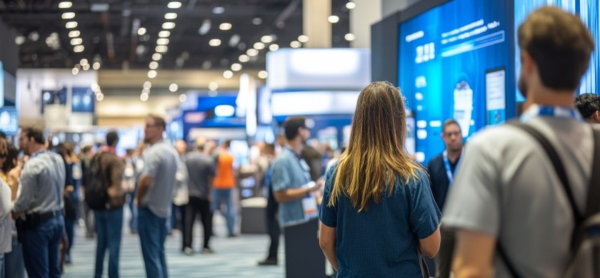Event attendees look around the conference at digital signage and AR check-in spots.