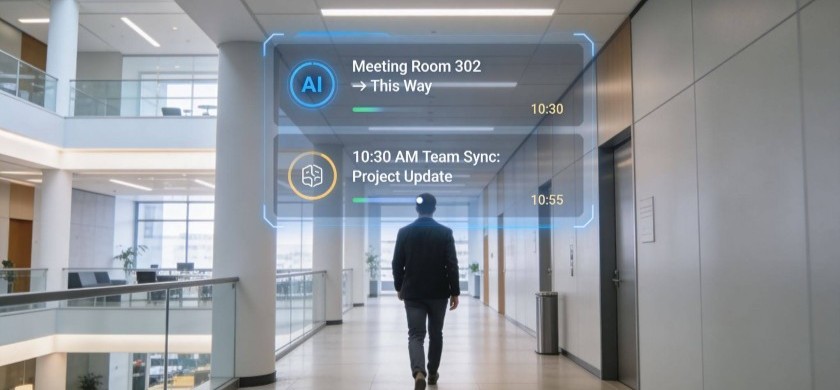 Meeting updates overlay an event attendee walking around a conference, showing how AR helps with interactive wayfinding.